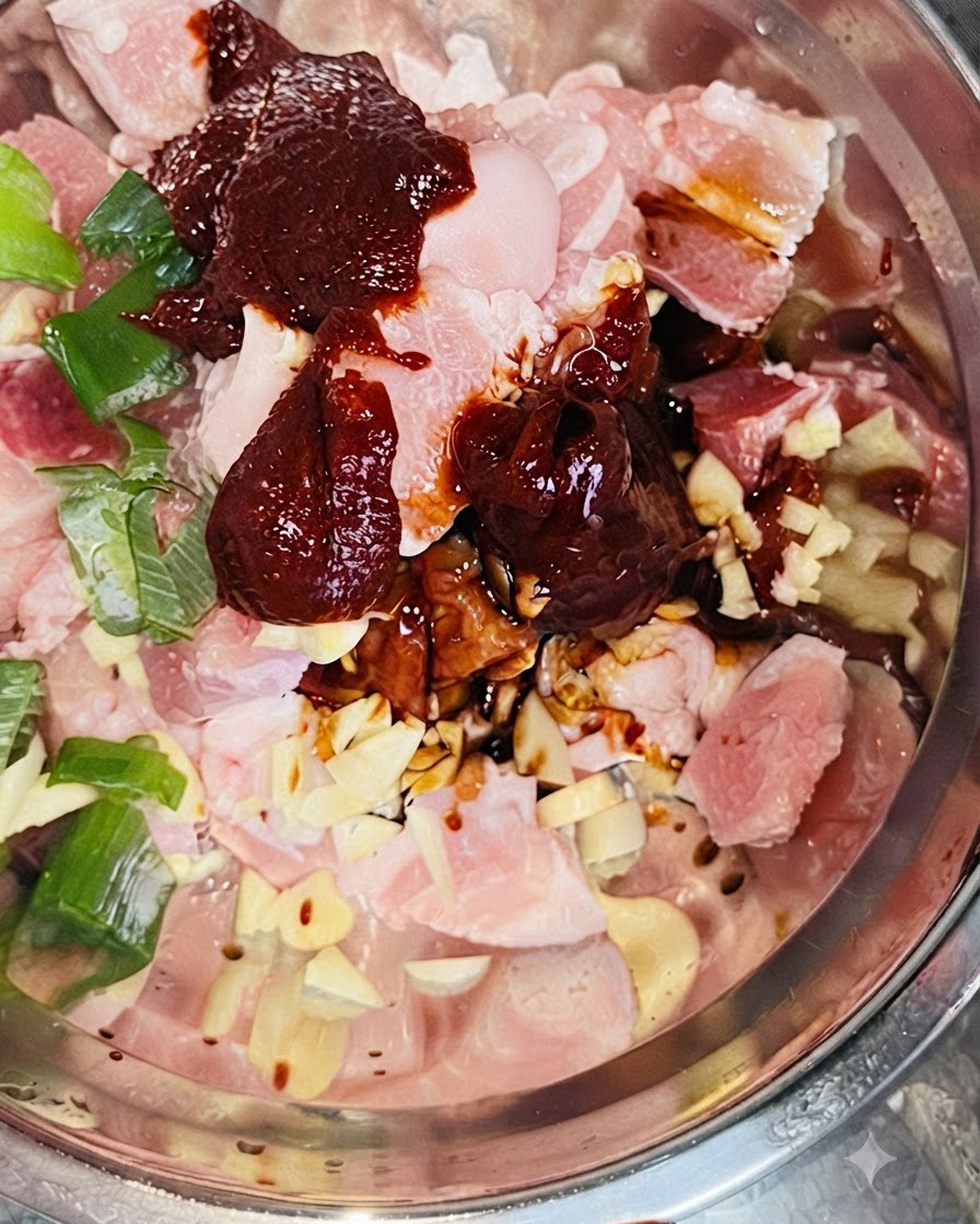Biały cukier wsypywany łyżką do metalowej miski wypełnionej surowymi kawałkami boczku wieprzowego, ciemną koreańską pastą chili, sosem sojowym i posiekaną zieloną cebulką.