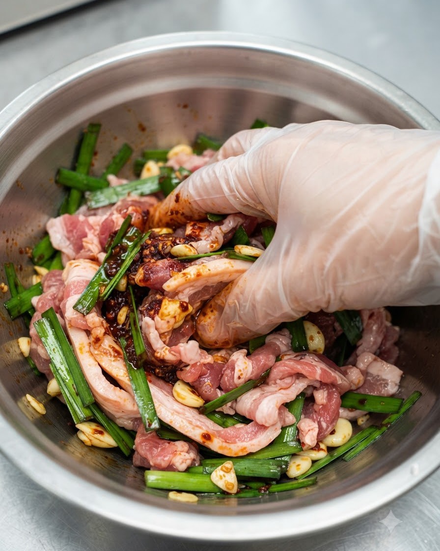 Ręka w rękawiczce dokładnie mieszająca i łącząca surowe plastry boczku wieprzowego z ciemnoczerwoną pastą chili i zieloną cebulką w misce ze stali nierdzewnej.
