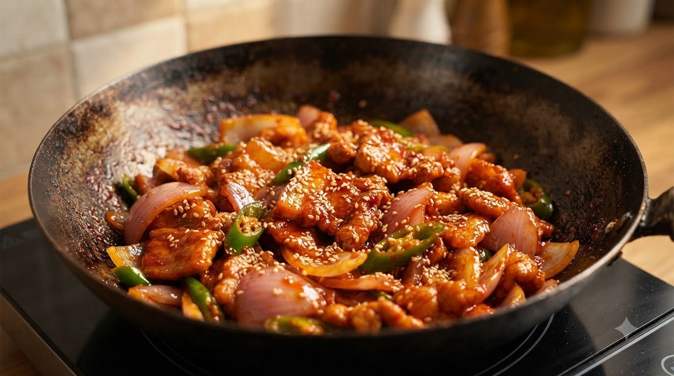 Koreańskie Pikantne Smażone Mięso z boczku wieprzowego (Daeji Bulgogi)