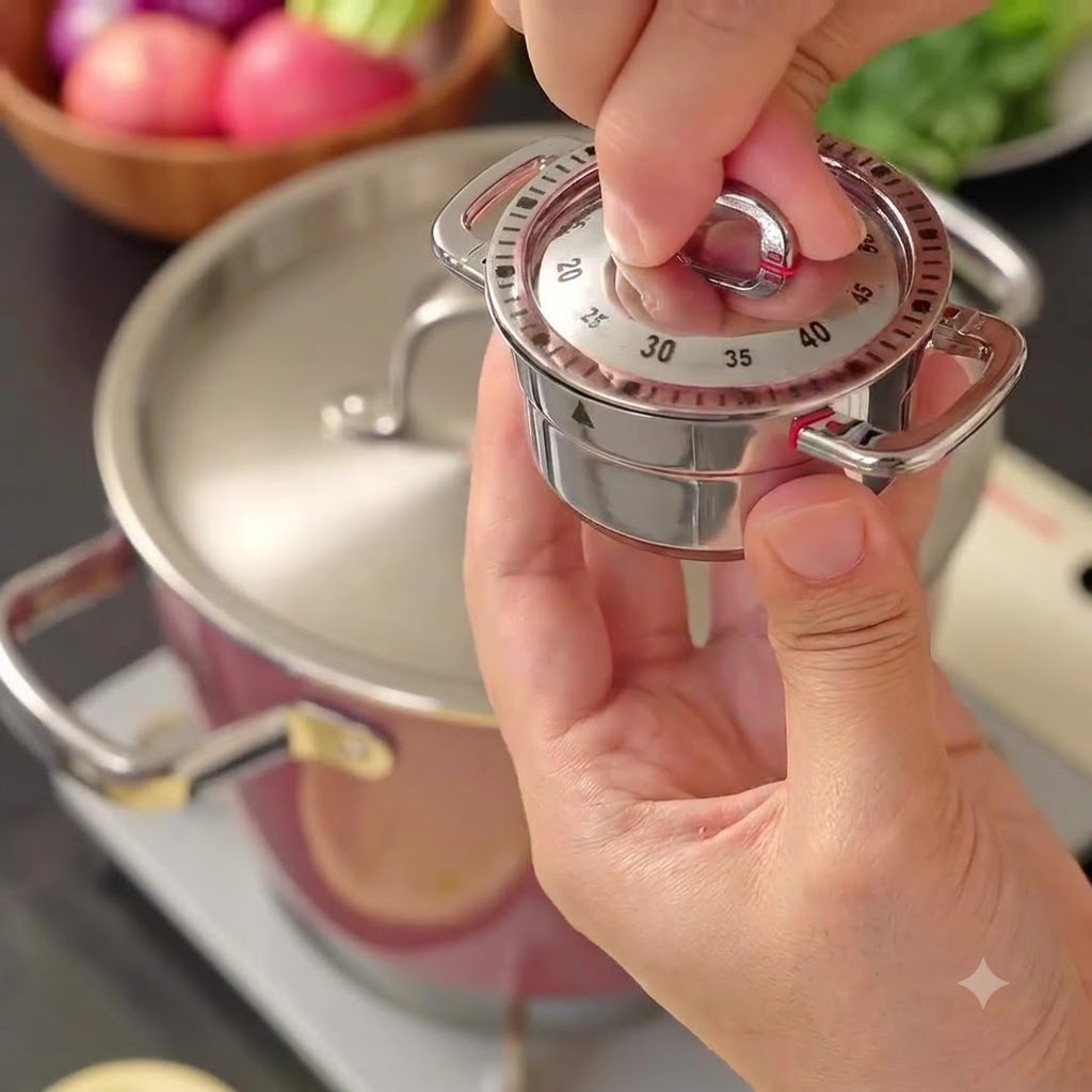 Ręce regulujące mechaniczny minutnik kuchenny na znak 40 minut.
