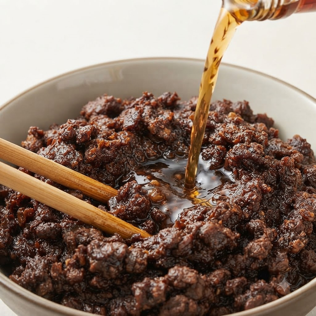 Sucha pasta z żółtej soi mieszana z winem kwiatowym w ceramicznej misce za pomocą drewnianych pałeczek.