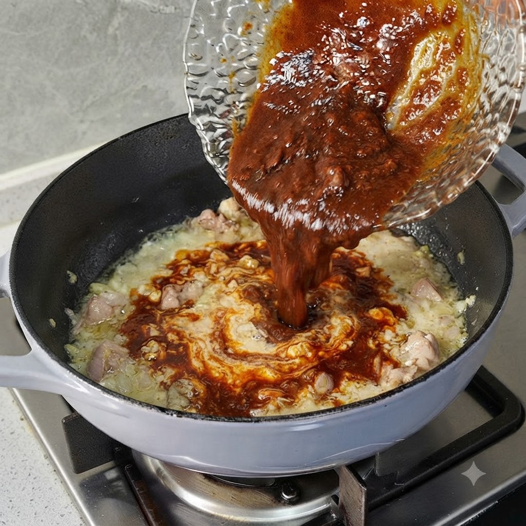 Szklana miska wlewająca ciemny, bogaty brązowy sos na patelnię zawierającą usmażone mięso i aromaty.