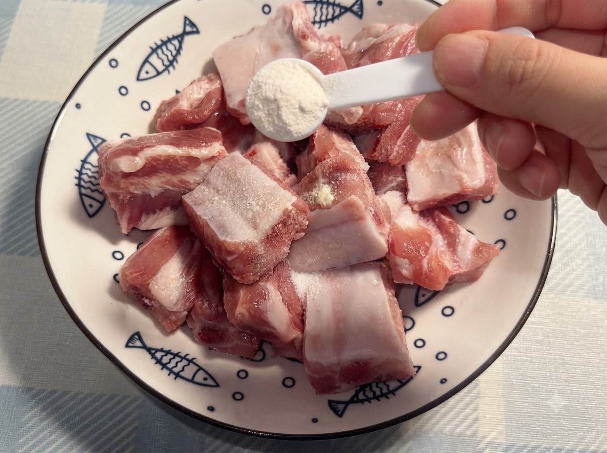 Równomierne posypywanie żeberek mielonym pieprzem za pomocą małej łyżeczki.