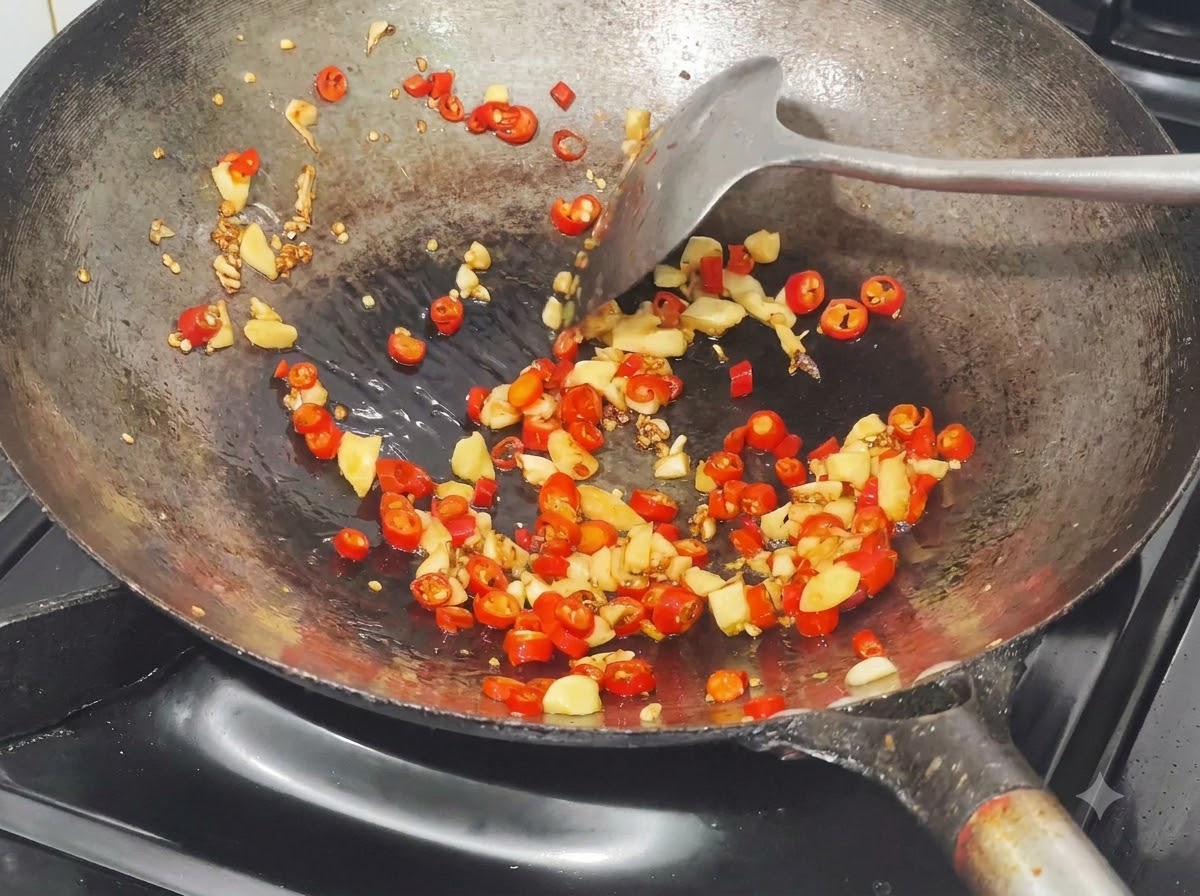 Przygotowana mieszanina sosów wlewana do woka z podsmażonym chili i czosnkiem.