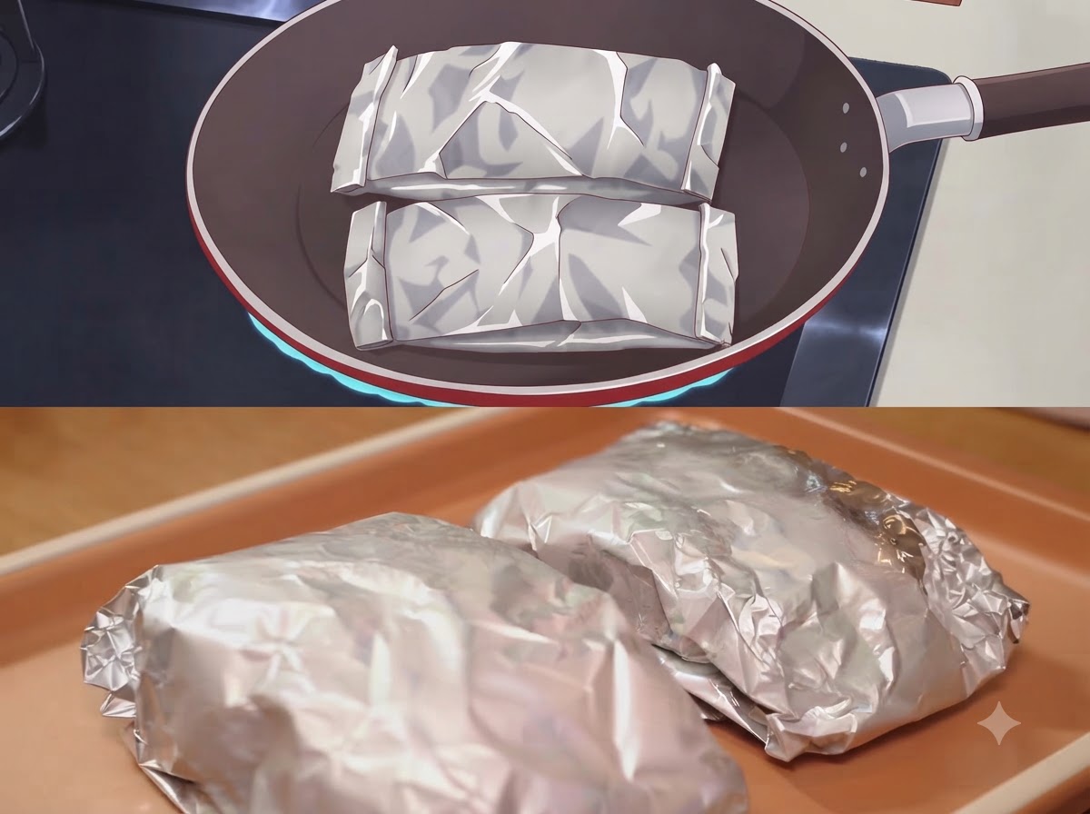 Szczelnie zamknięte pakiety z folii aluminiowej leżące w ciemnej patelni oraz na blasze do pieczenia.