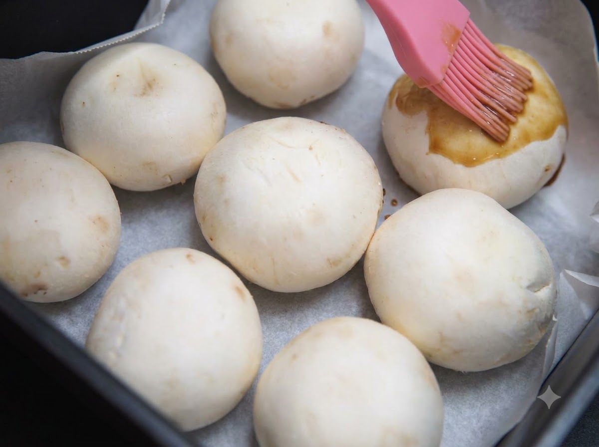 Różowy silikonowy pędzel kuchenny nakładający ciemny sos miodowo-sojowy na białe pieczarki ułożone na papierze do pieczenia w koszu frytkownicy powietrznej.
