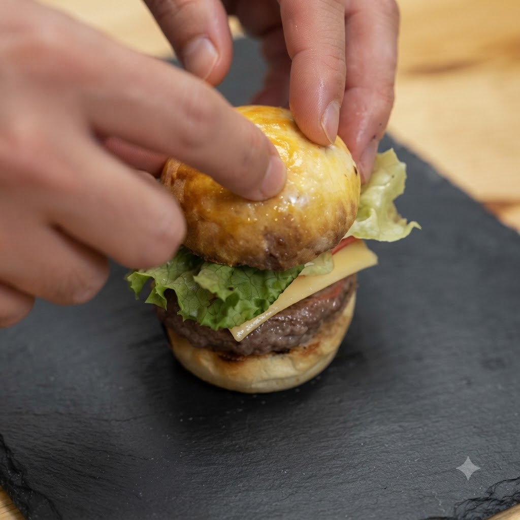 Dwie dłonie trzymające i zabezpieczające złożony mini burger z grzybów za pomocą wykałaczki na ciemnej kamiennej desce.