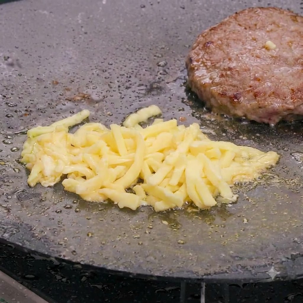 Starty ser mozzarella topiący się płynnie na gorącym kotlecie wołowym na patelni.