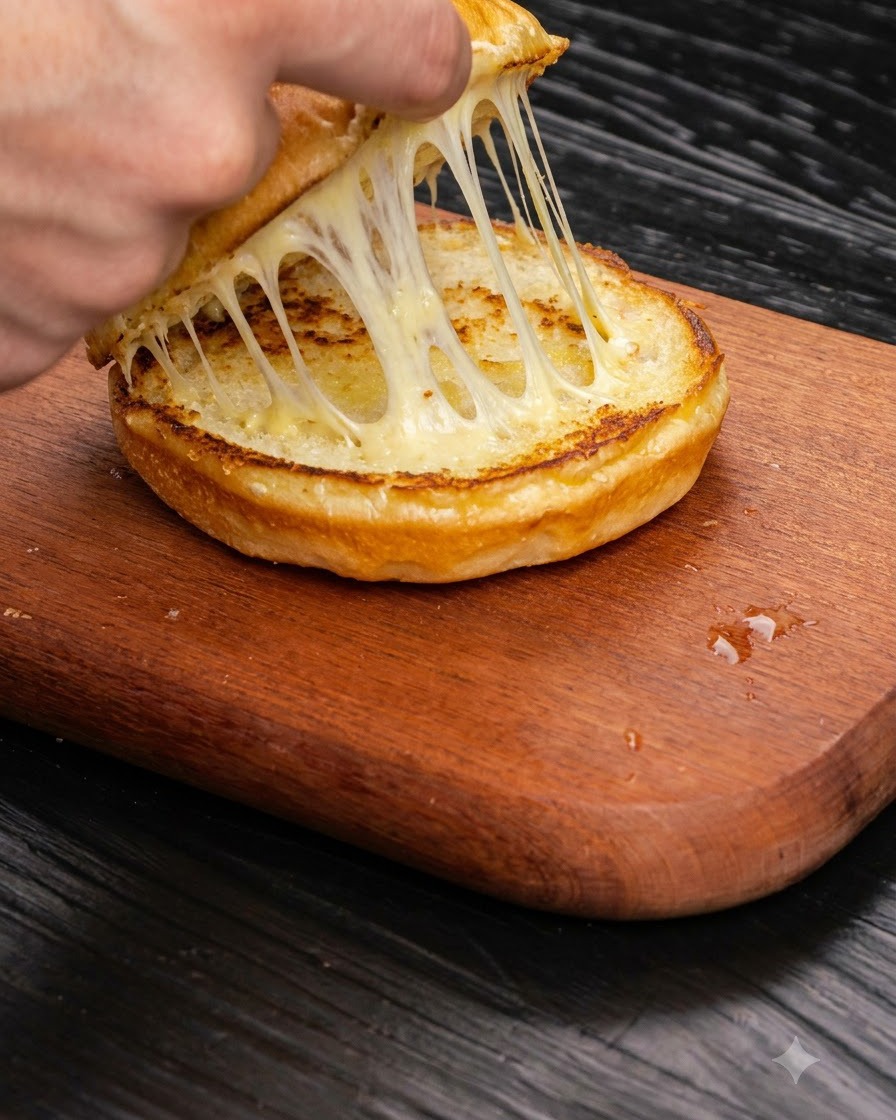 Kotlet wołowy z serem przekładany na tostowaną bułkę hamburgerową na drewnianej desce do krojenia.