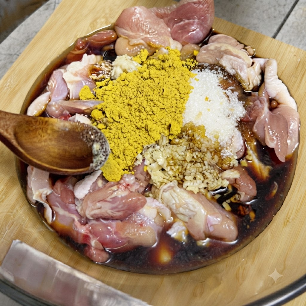 Kopiec żółtego proszku curry i posiekanego czosnku dodany na surowego kurczaka i sos w szklanej misce.