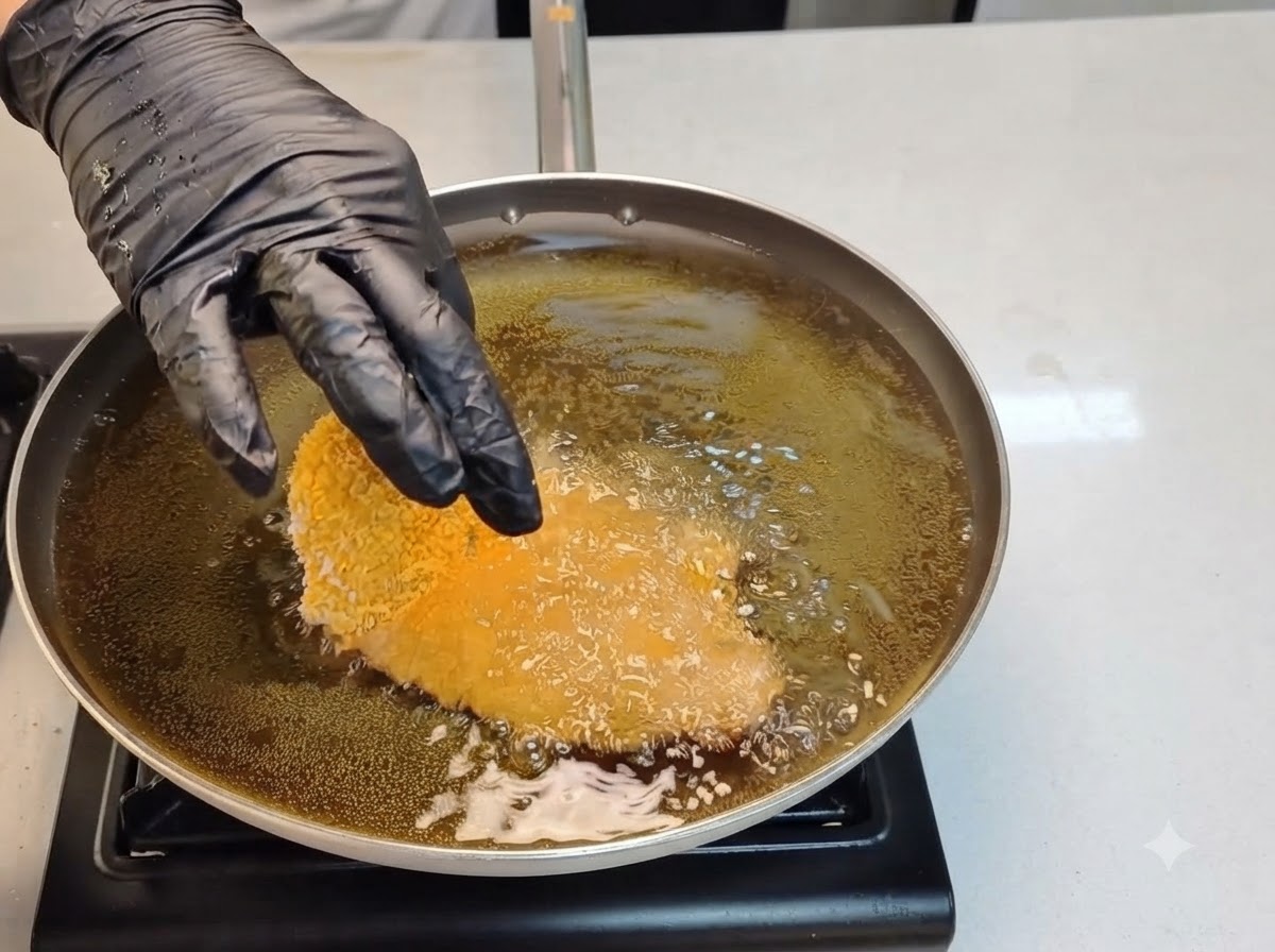 Panierowany kotlet z kurczaka wkładany do bulgoczącego gorącego oleju na patelni.