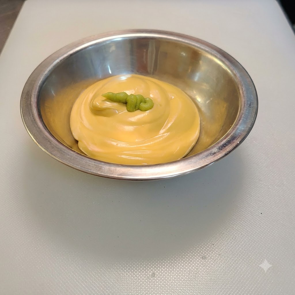 Zielona pasta wasabi dodana na wierzch dressingu serowego w misce.