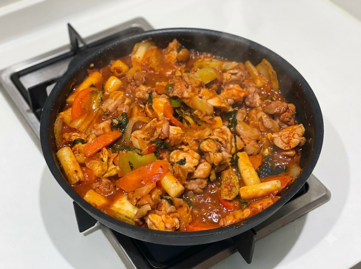 Starty ser mozzarella posypywany na bulgoczącego kurczaka i warzywa stir-fry.