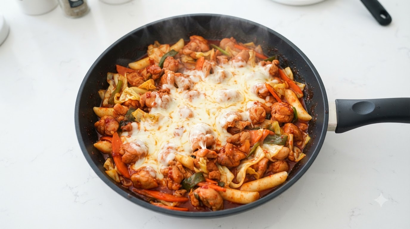 Koreańskie pikantne stir-fry z kurczakiem i serem (Dakgalbi)