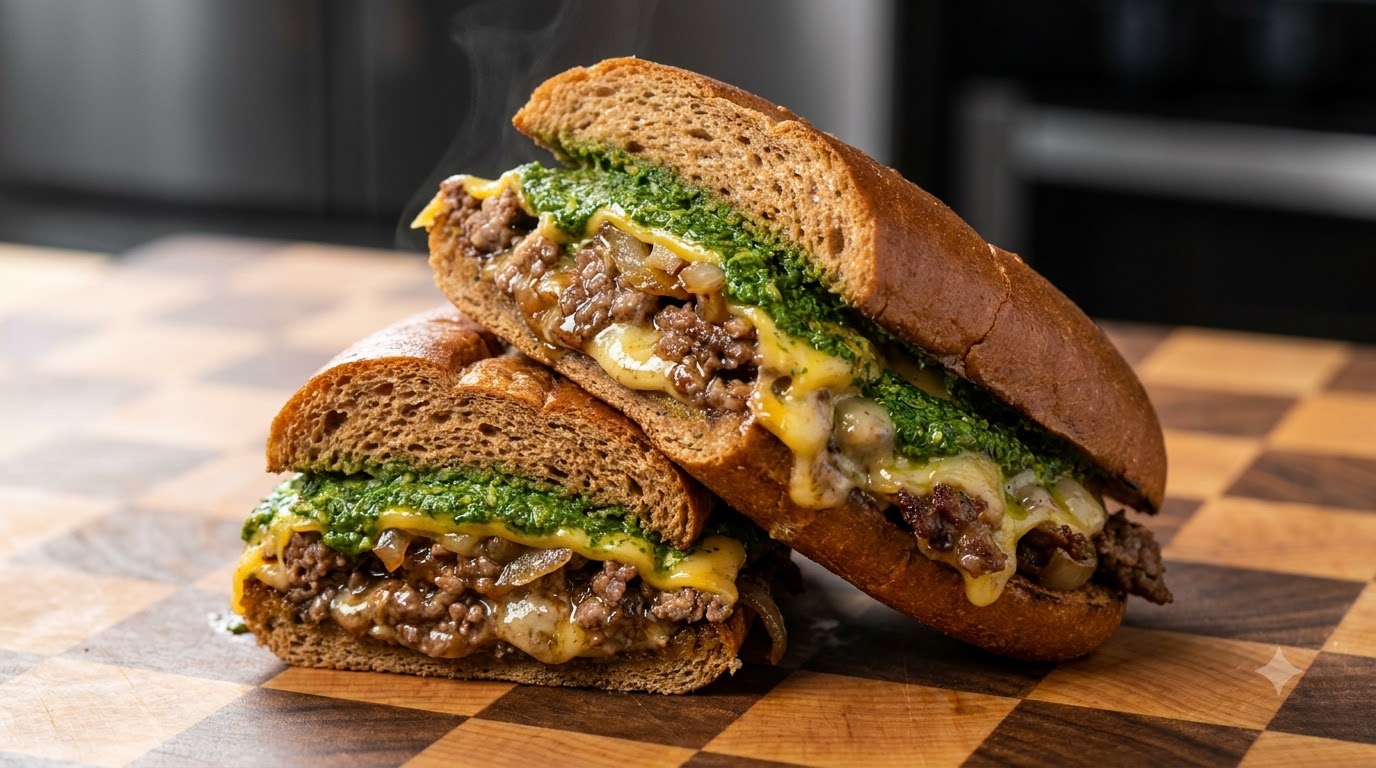 Gourmet Philly Cheesesteak Sandwich z zielonym sosem