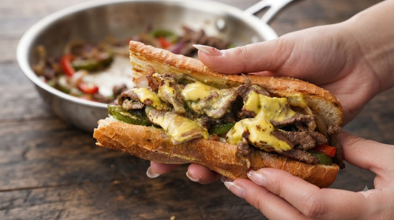 Świeżo przygotowana kanapka Philly cheesesteak, z której wylewa się roztopiony ser, cienko pokrojona wołowina, papryka i cebula.
