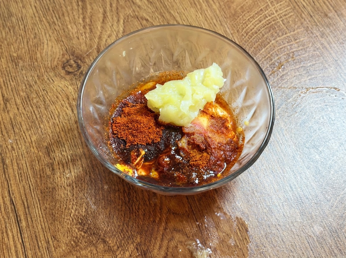 Łyżka owocowego purée cytrynowego umieszczona na wierzchu wymieszanych składników sosu w szklanej misce.