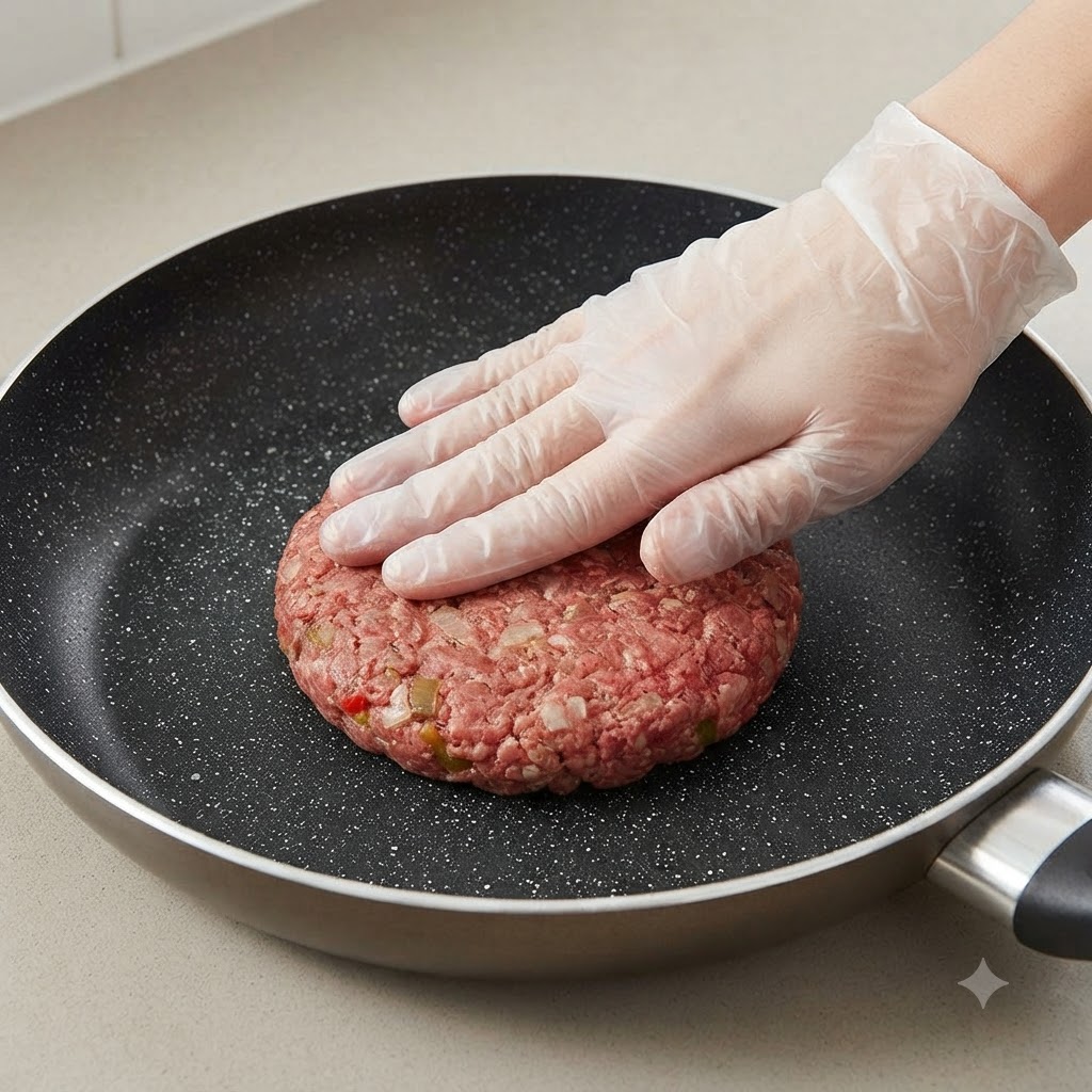 Dłoń w rękawiczce kładąca gruby, surowy kotlet na ciemnej patelni z powłoką zapobiegającą przywieraniu.