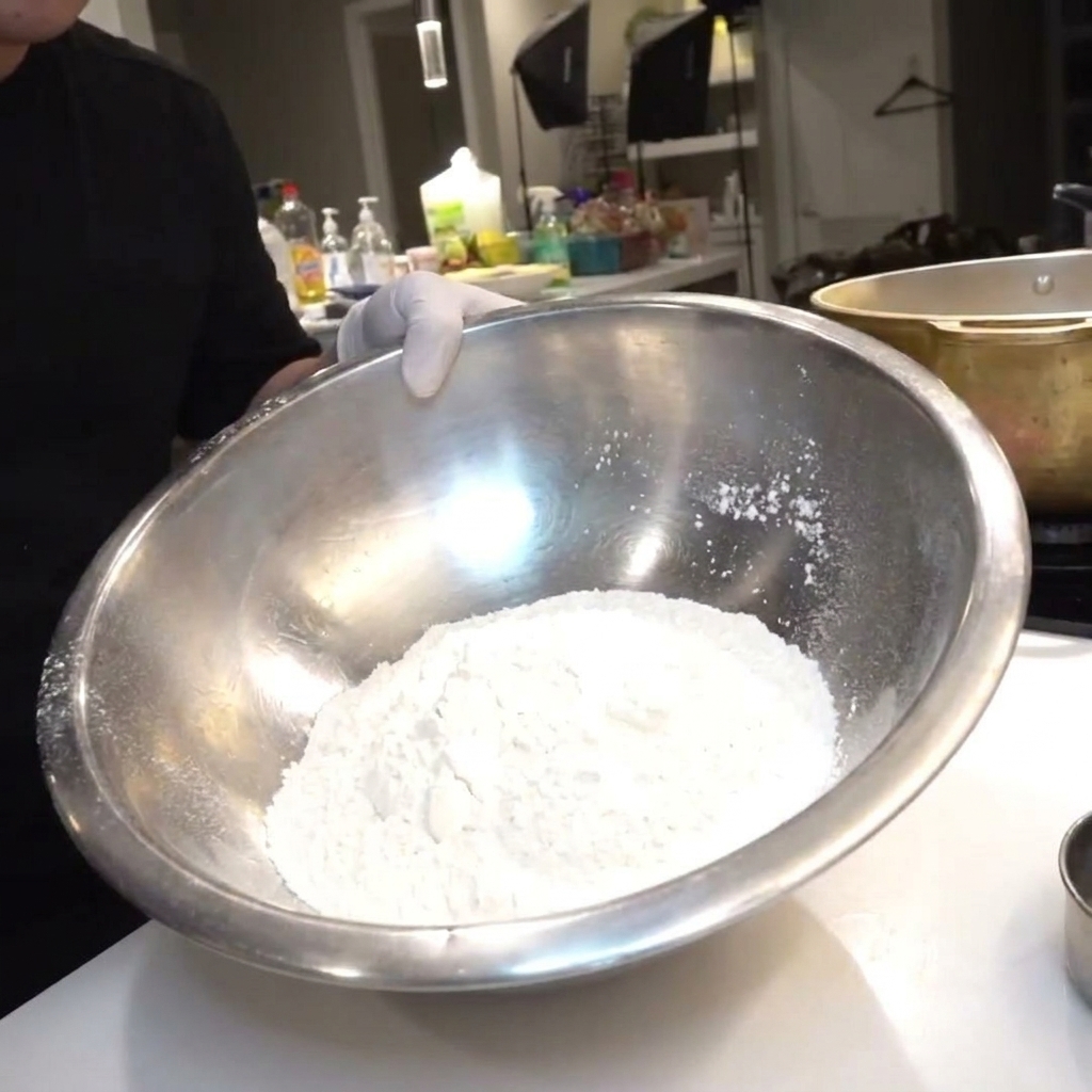 Sól przyprawowa wsypywana do dużej miski wypełnionej białą mąką na kuchennym blacie.