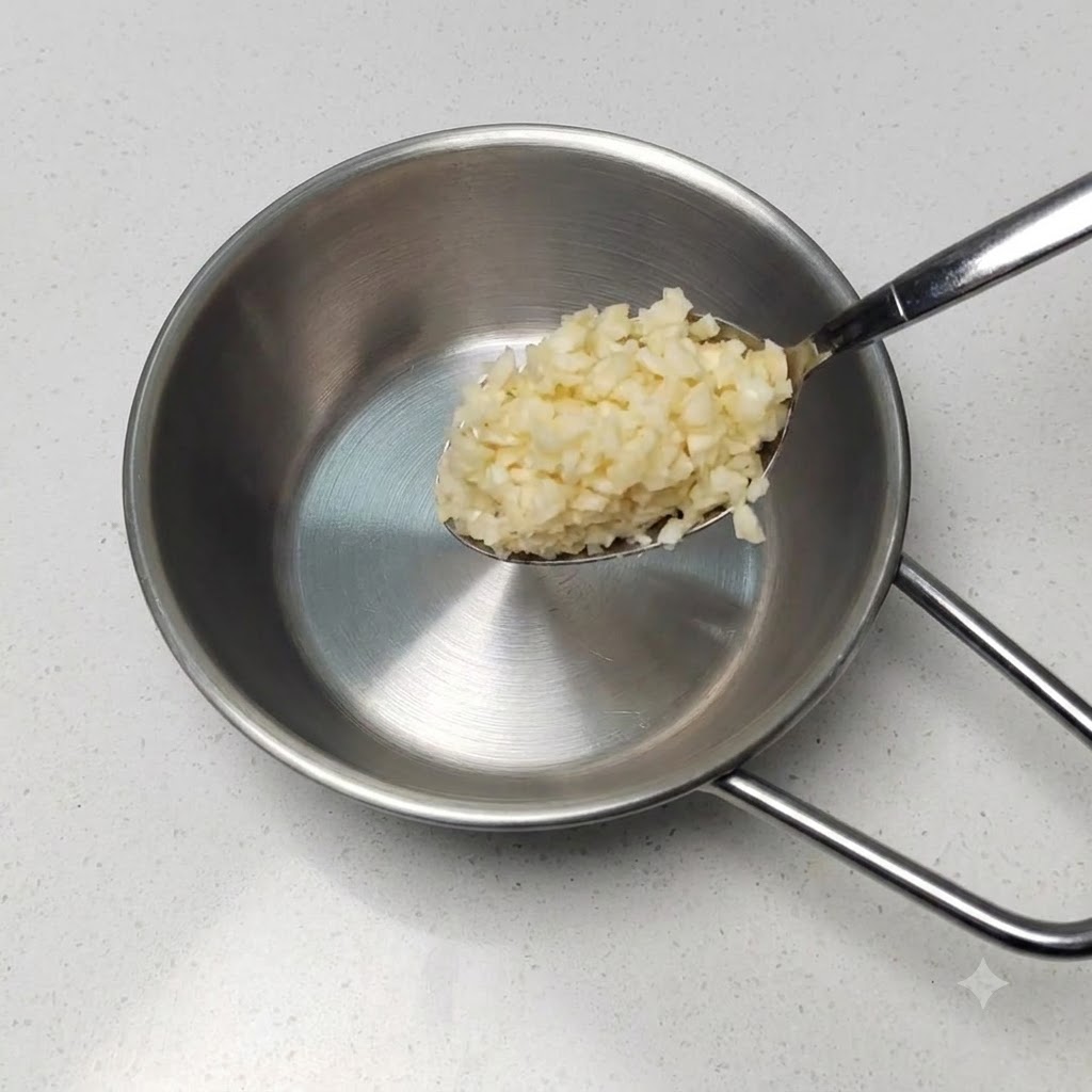 Metalowa łyżka trzymająca kopiec świeżo posiekanego czosnku nad małym garnkiem ze stali nierdzewnej.