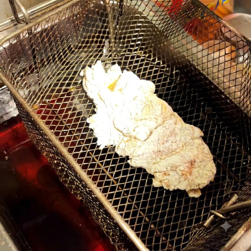 Kawałek kurczaka w panierce spoczywający w koszyku frytkownicy nad gorącym olejem.