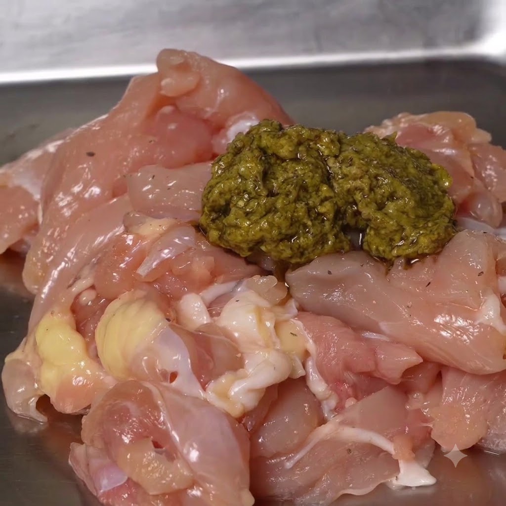 Surowe kawałki kurczaka na metalowej tacy, polane porcją zielonego sosu pesto.