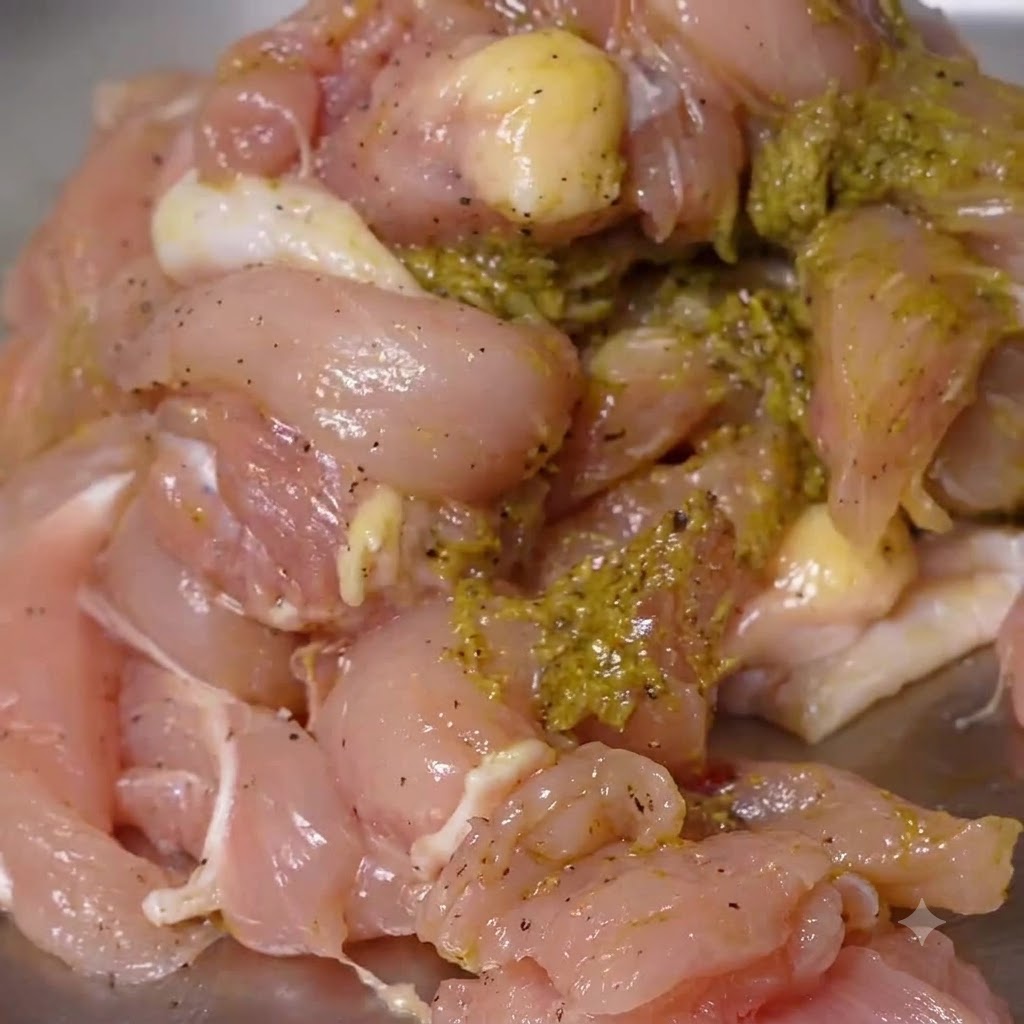 Zbliżenie na surowe kawałki kurczaka równomiernie pokryte zieloną marynatą pesto na metalowej tacy.