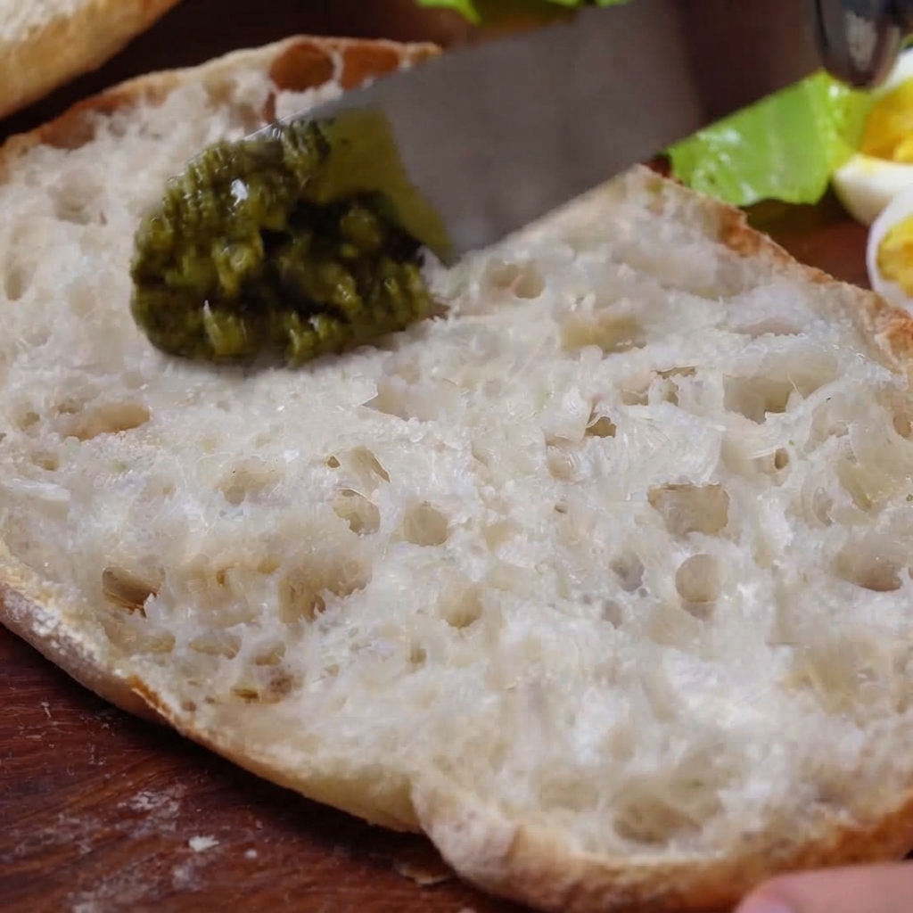 Nóż rozsmarowujący żywo zielone pesto na dolnej połówce ciabatty.