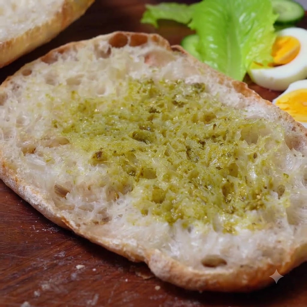 Biały sos sałatkowy rozsmarowywany na warstwie pesto na ciabaccie.