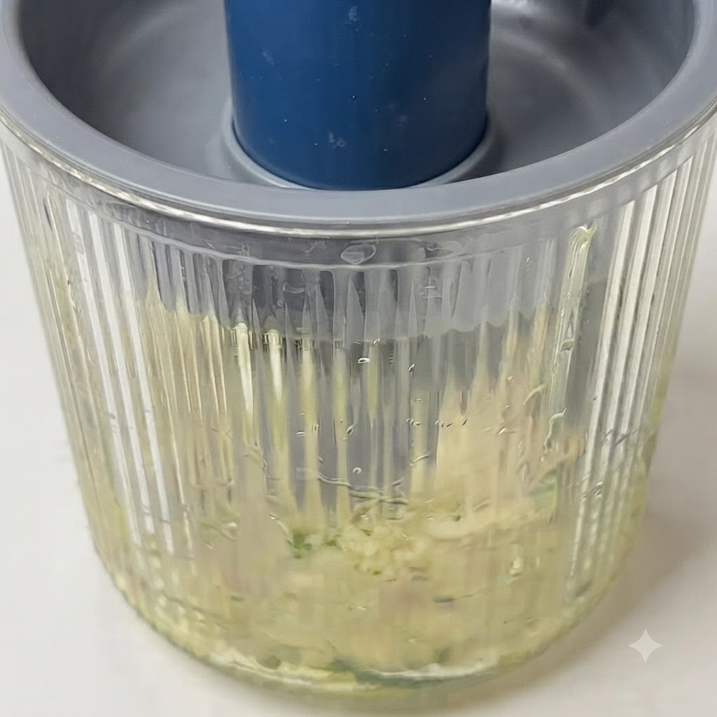 Składniki pesto blendowane wewnątrz malaksera w celu utworzenia gruboziarnistego zielonego sosu.