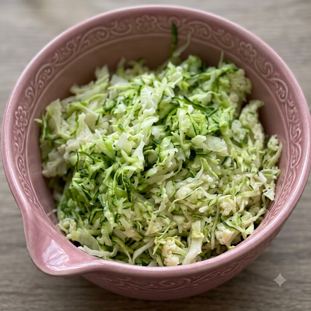 Posiekany jarmuż i mieszanka kurczaka z pesto ułożona w różowej misce.