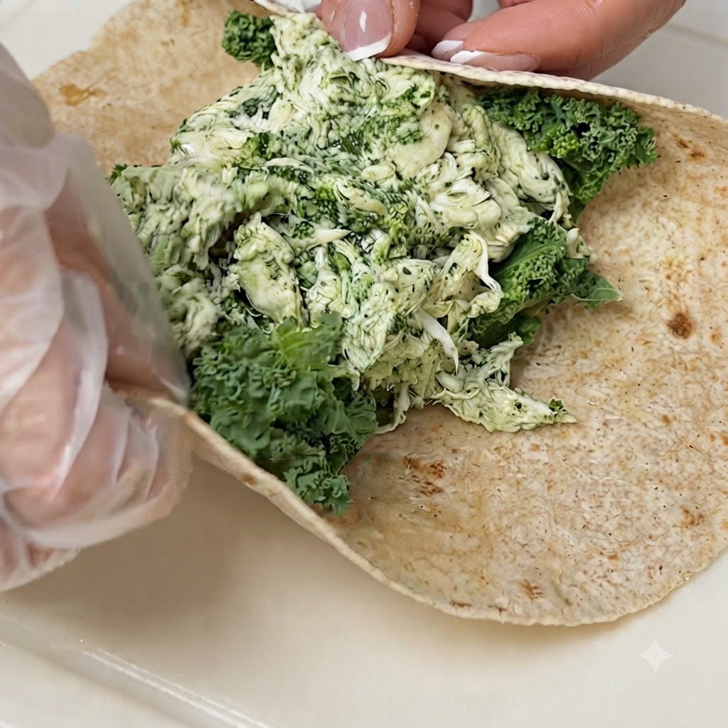 Tortilla ciasno zwijana wokół zielonego jarmużu i poszarpanego kurczaka na desce do krojenia.