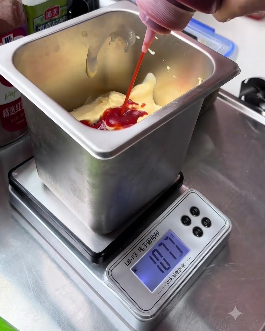 Czerwony ketchup wyciskany z butelki do białej bazy majonezowej w metalowym pojemniku.