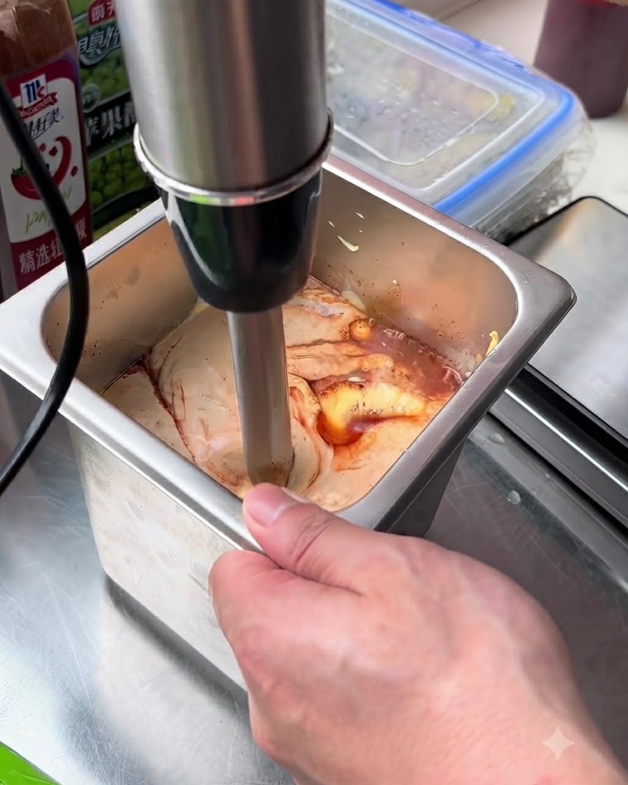 Ręczny blender zanurzeniowy miksujący składniki sosu do burgerów w metalowym pojemniku.
